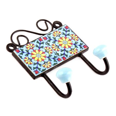 Turquoise Yellow Sunflower Ceramic Tiles Hooks